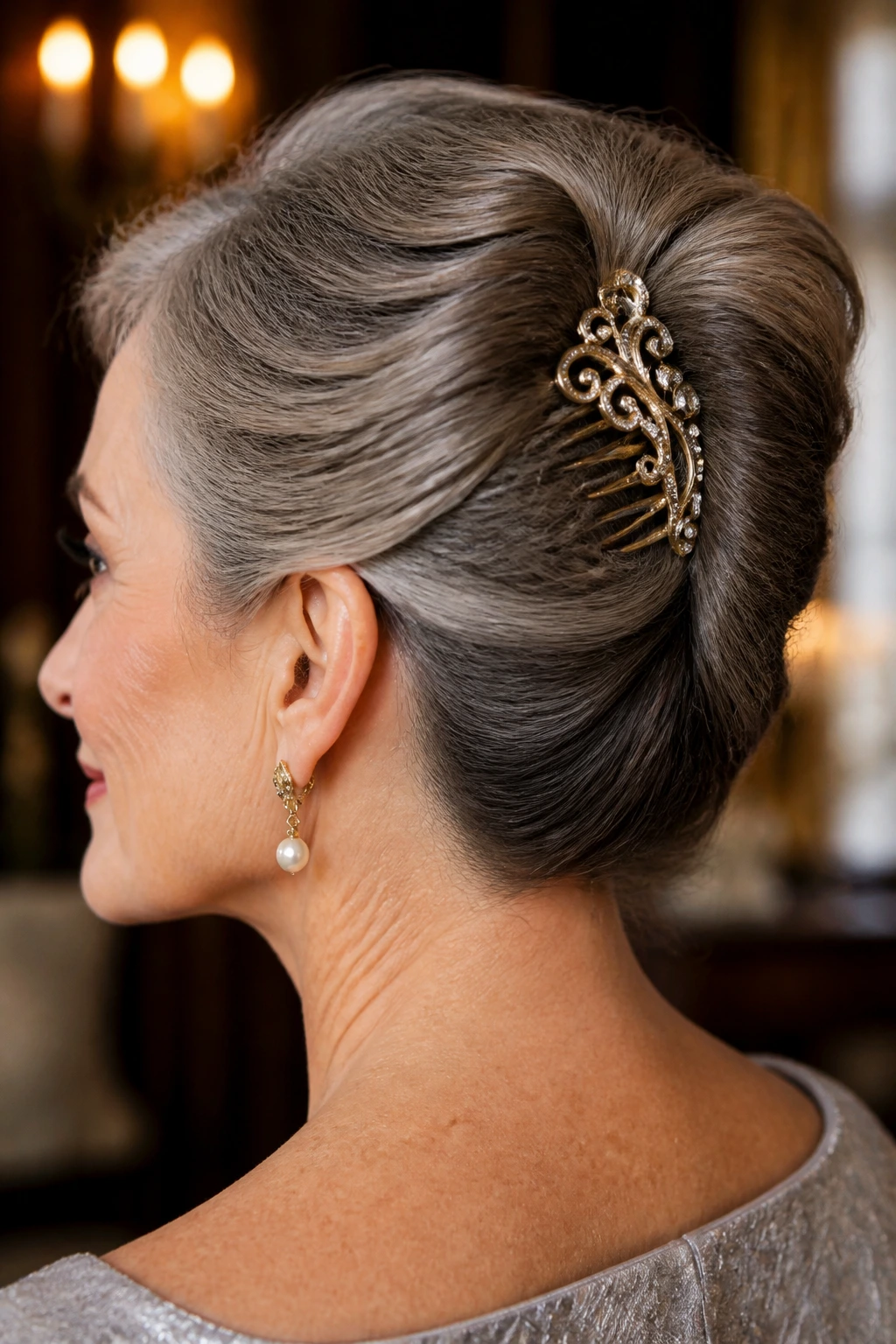Close-up of a real woman wearing a French twist with decorative comb