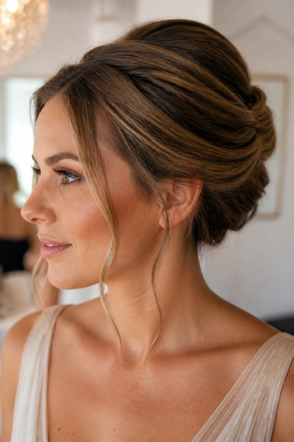 Close-up of a real woman with a French twist and loose face pieces in a wedding prep room