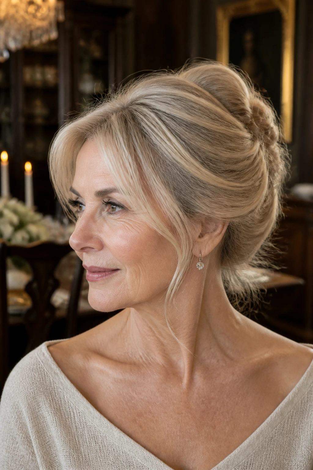 Older woman with a loose French twist and soft face pieces