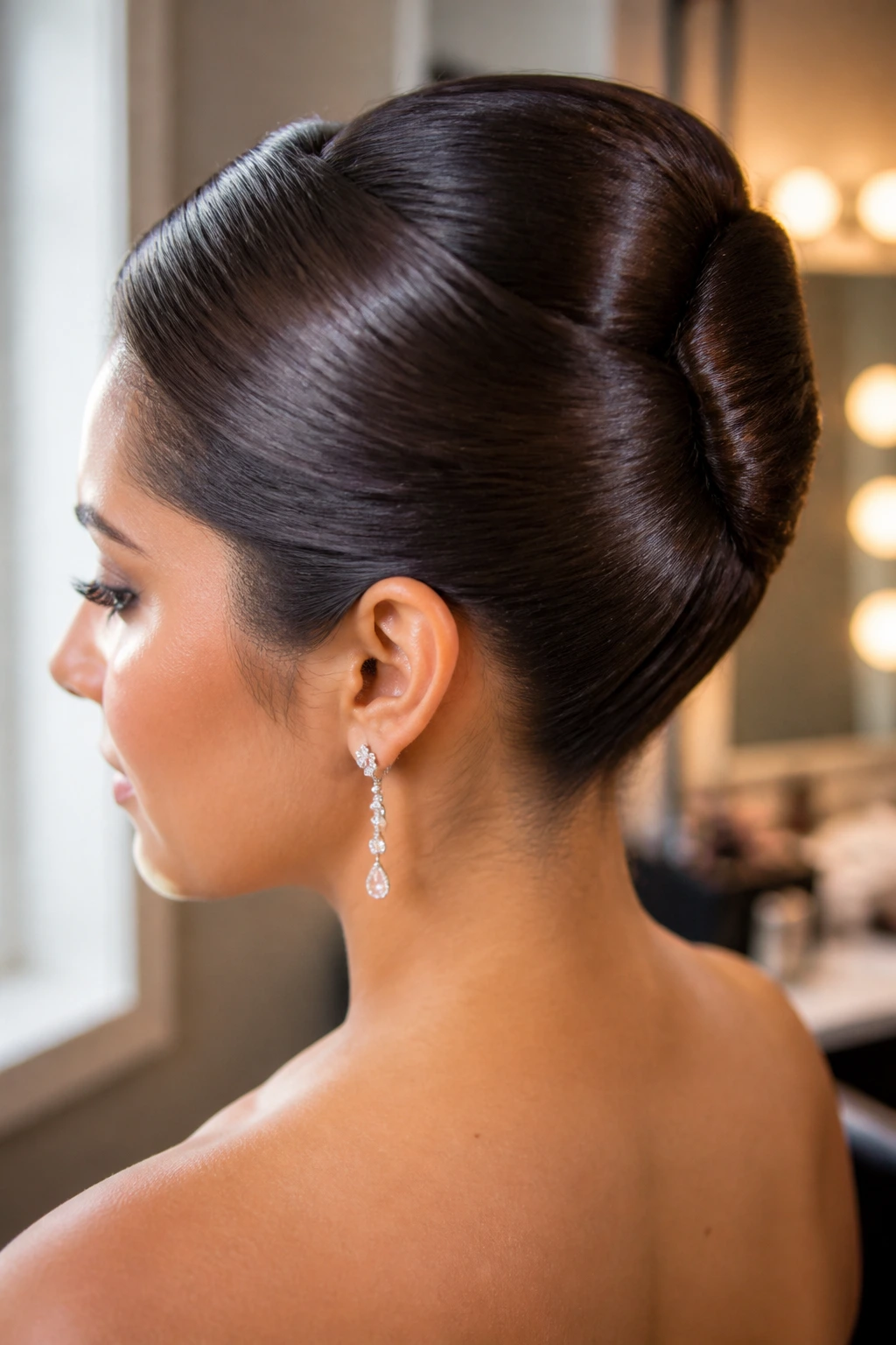 Close-up portrait of a real woman with a glossy French twist