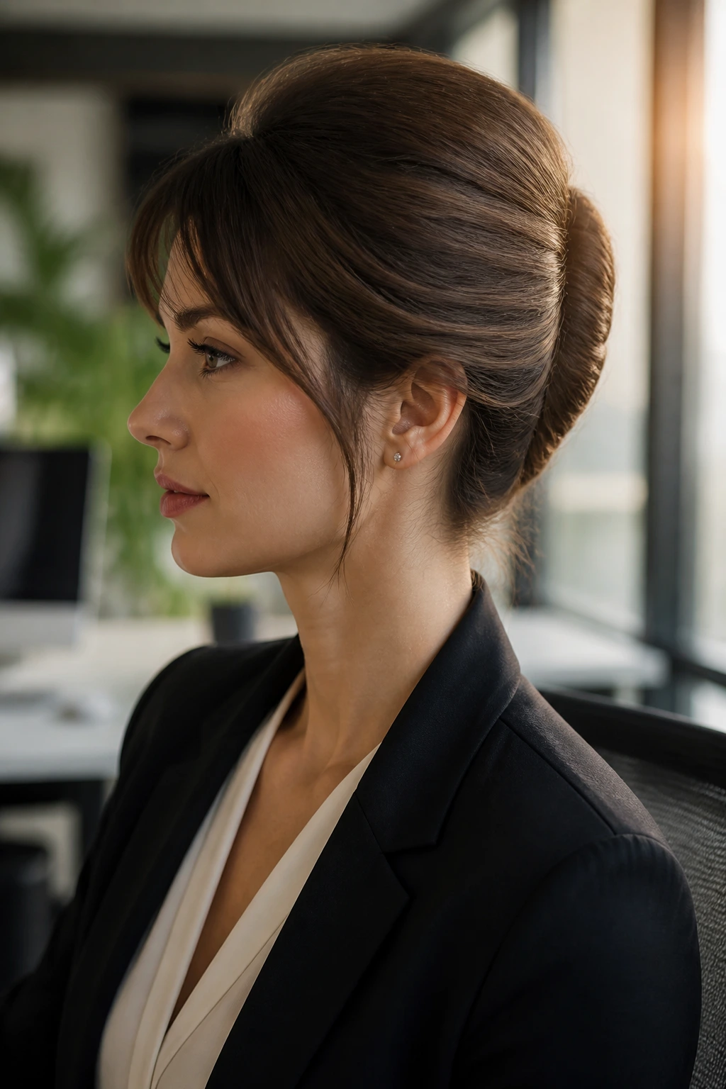 Close-up of a woman with a French twist and soft crown in an office