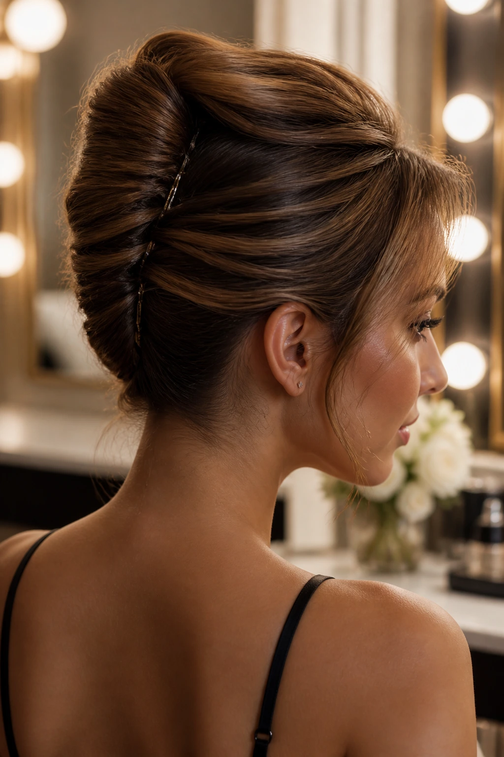 Close-up of a woman showing a French twist with soft volume in warm hotel dressing room lighting
