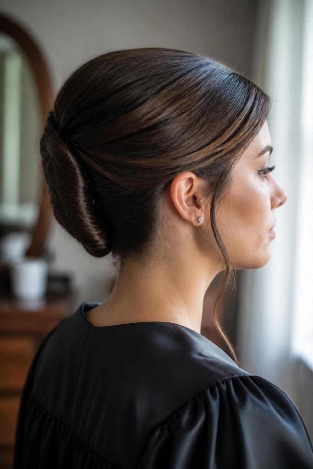 Close-up side portrait of a woman with a slim French twist