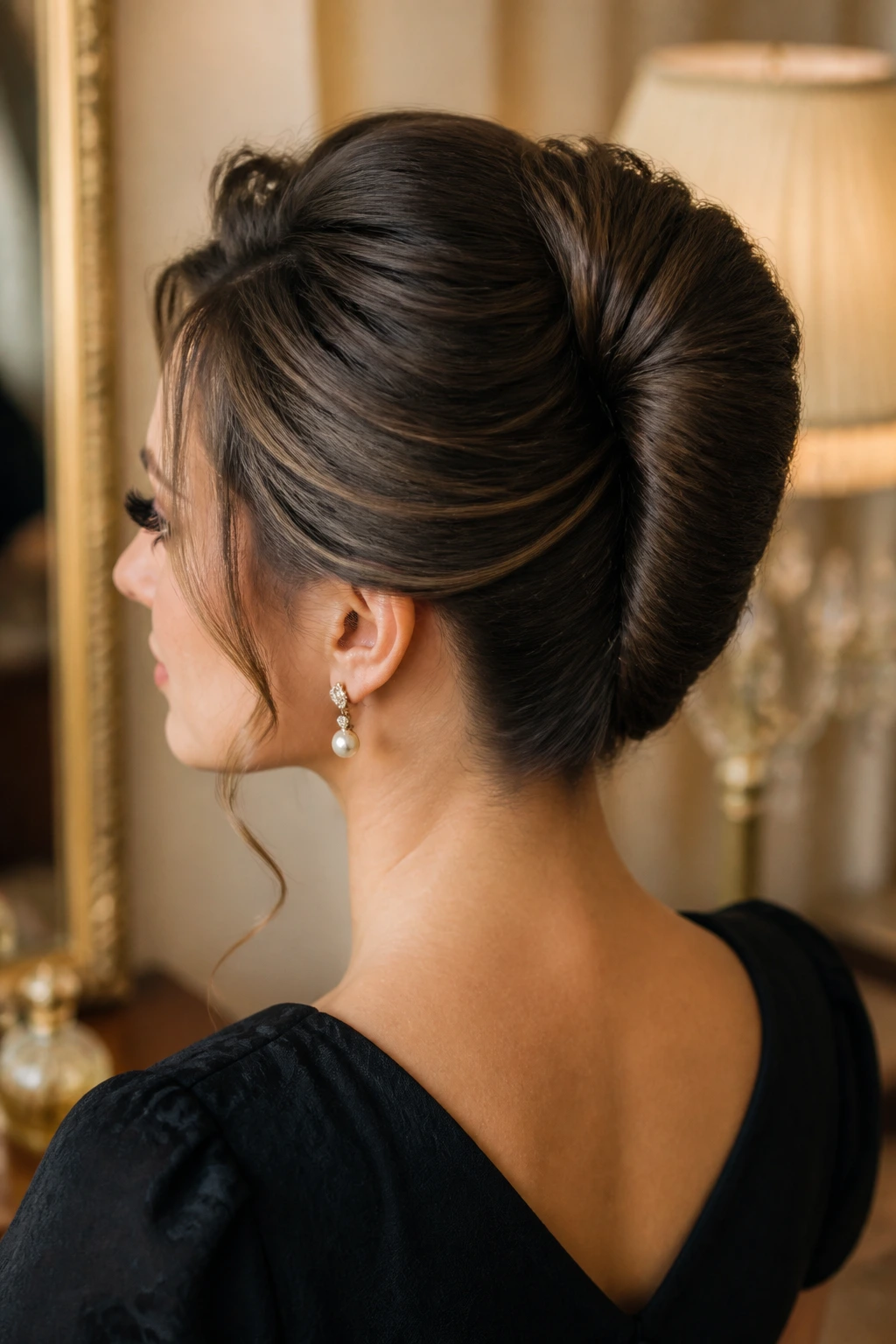 Close-up of a real woman with a French twist and soft volume