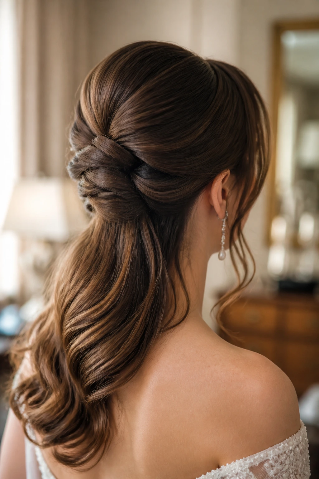 Back of head view showing French Twist Half-Up hairstyle on real bride