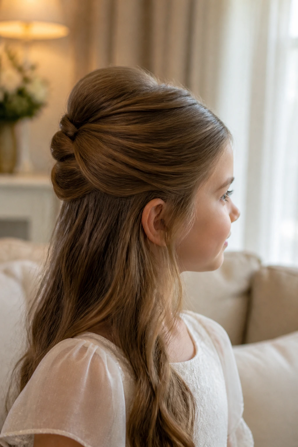 Close-up portrait of a real child with a subtle French twist half-up hairstyle under warm daylight.