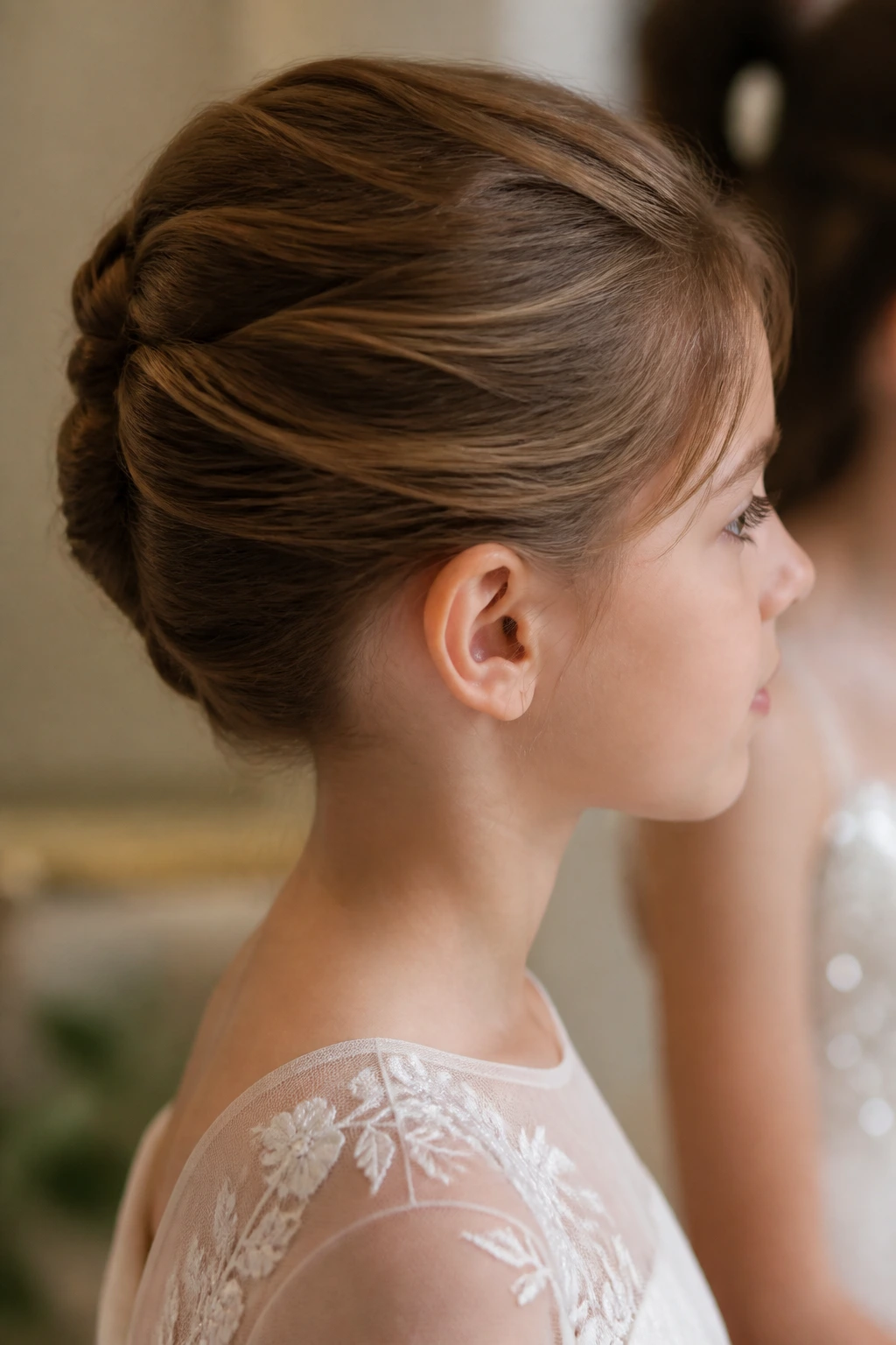 Close-up profile of a real child with a tucked French twist at the nape