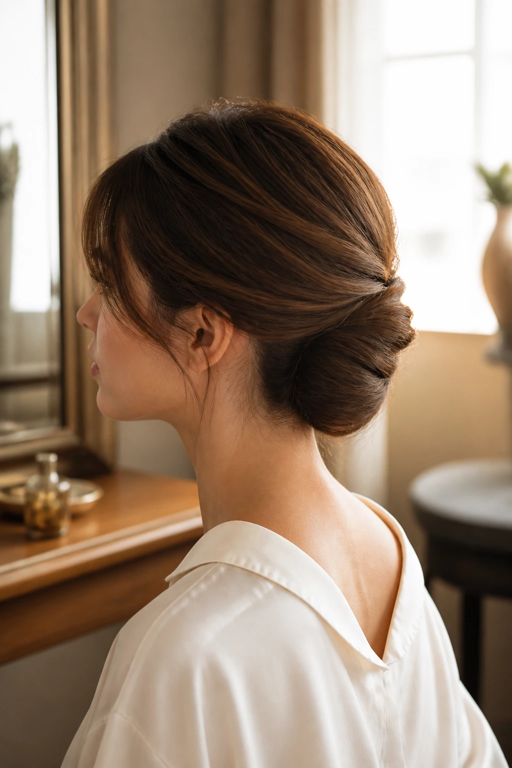 Real woman side-profile with a soft French twist at the nape