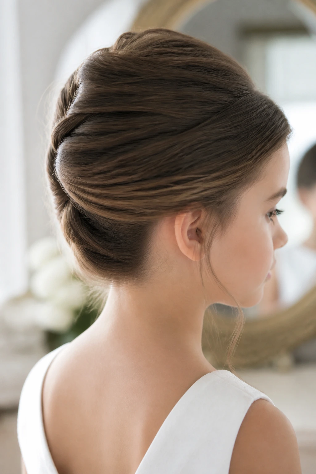 Close-up of a girl wearing a French twist for longer hair with hidden pins