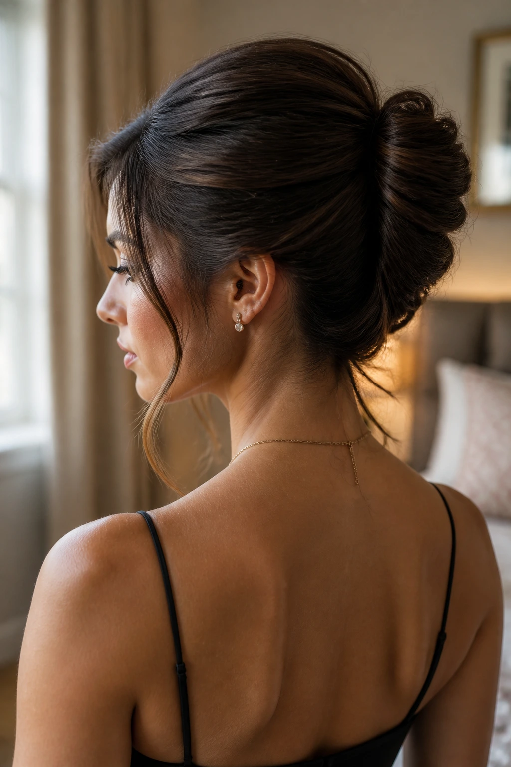 Close-up of a real woman with a French twist and loose ends, soft window light