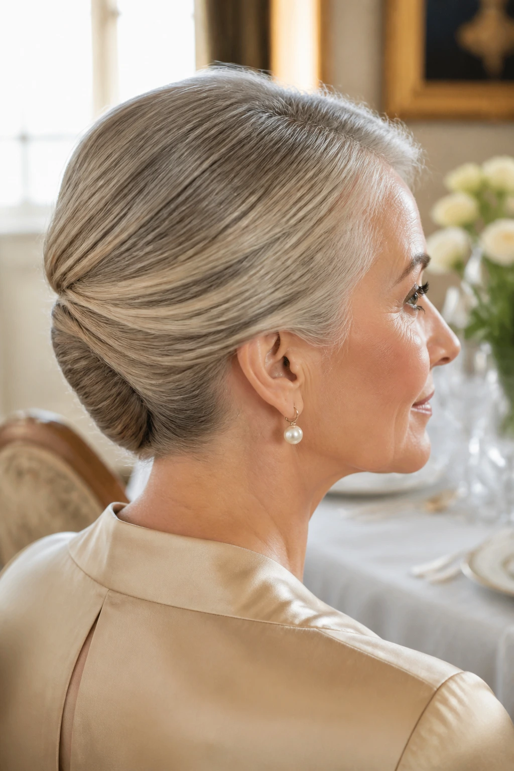 Close-up of an older woman with a smooth low French twist