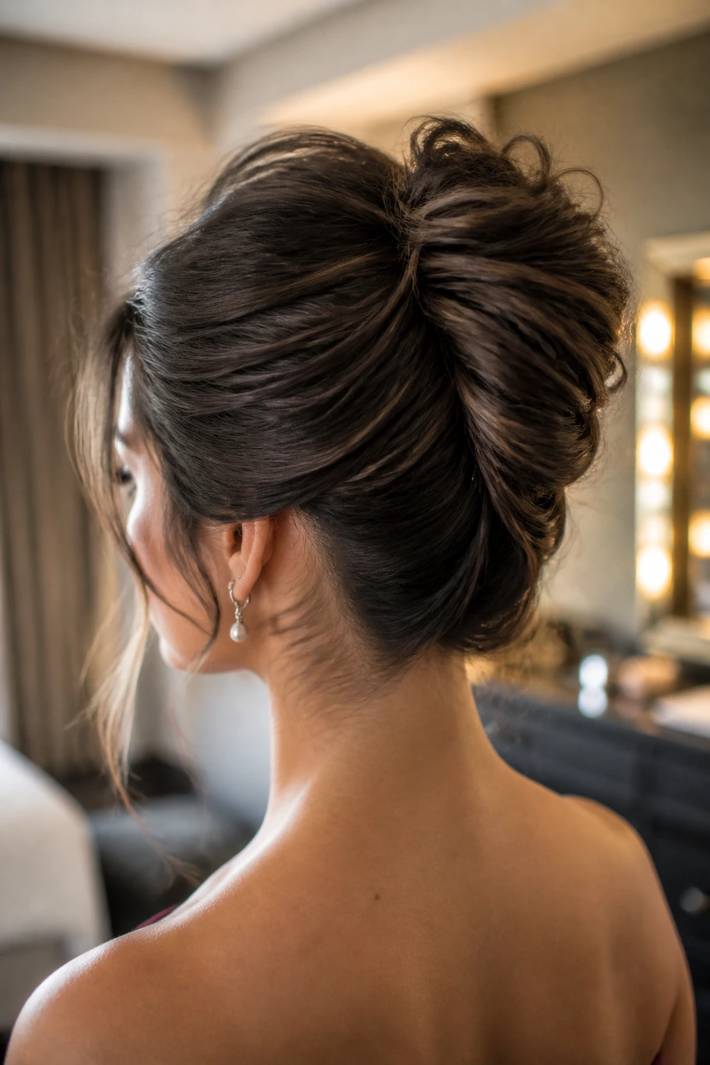 Close-up of a real woman with a modern edge French twist at the nape