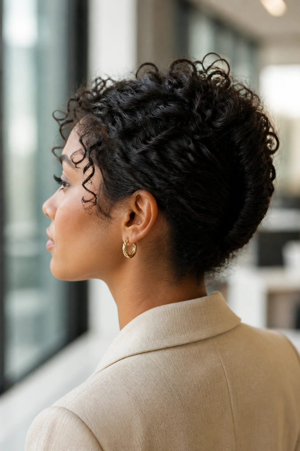 Tucked French Twist for Natural Texture close-up portrait with tucked twist and crown curls