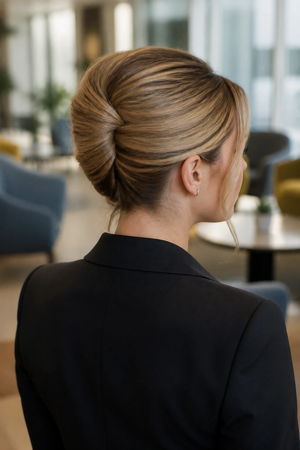 Rear-side portrait of a real woman with a French twist in an office setting