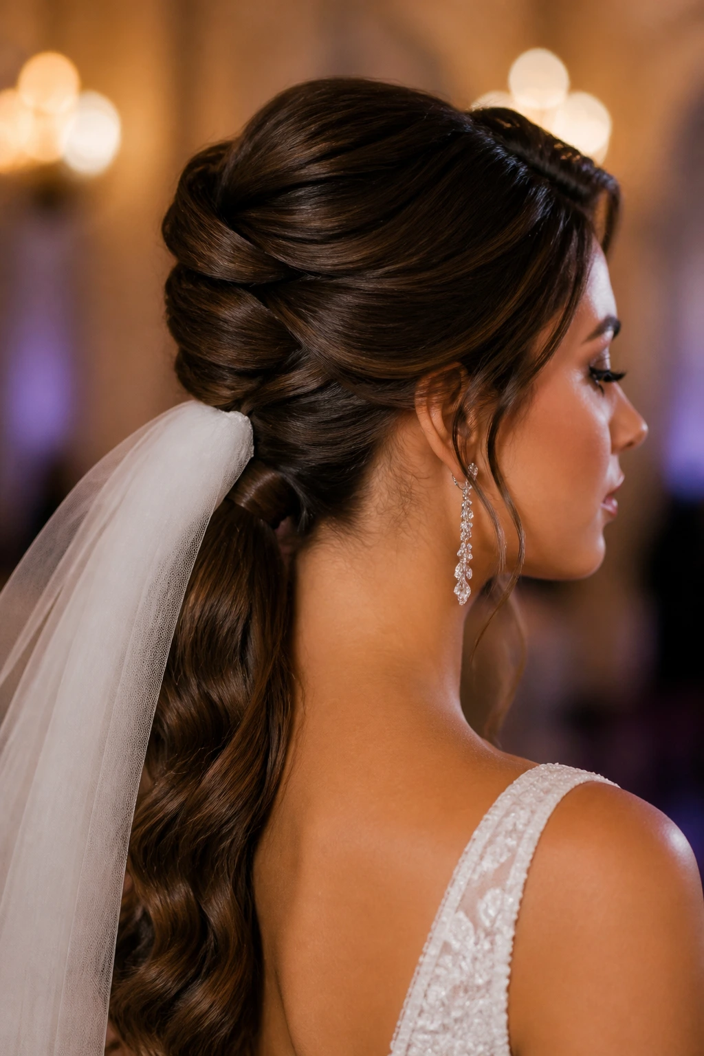 Bride with French twist transitioning into a ponytail