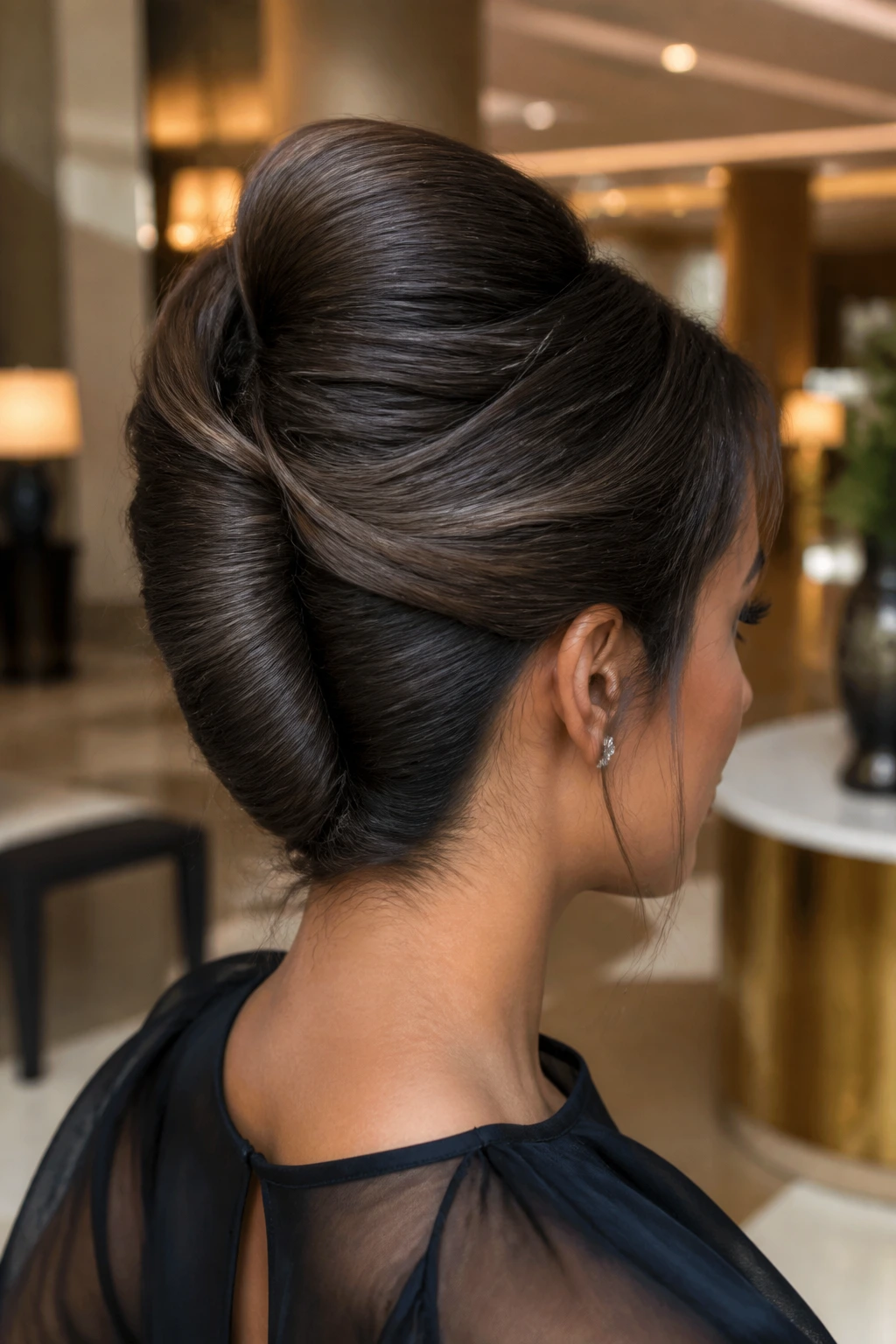 Close-up of a real woman's head showing a classic French twist hairstyle.