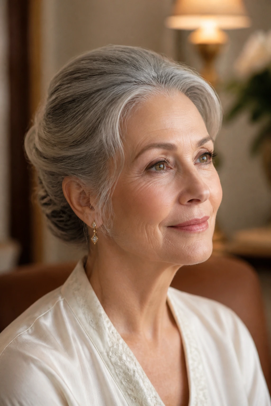 Older woman with a soft French twist and relaxed hairline