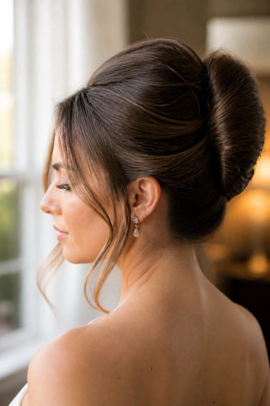 Close-up of a real woman with a French twist and face-framing pieces