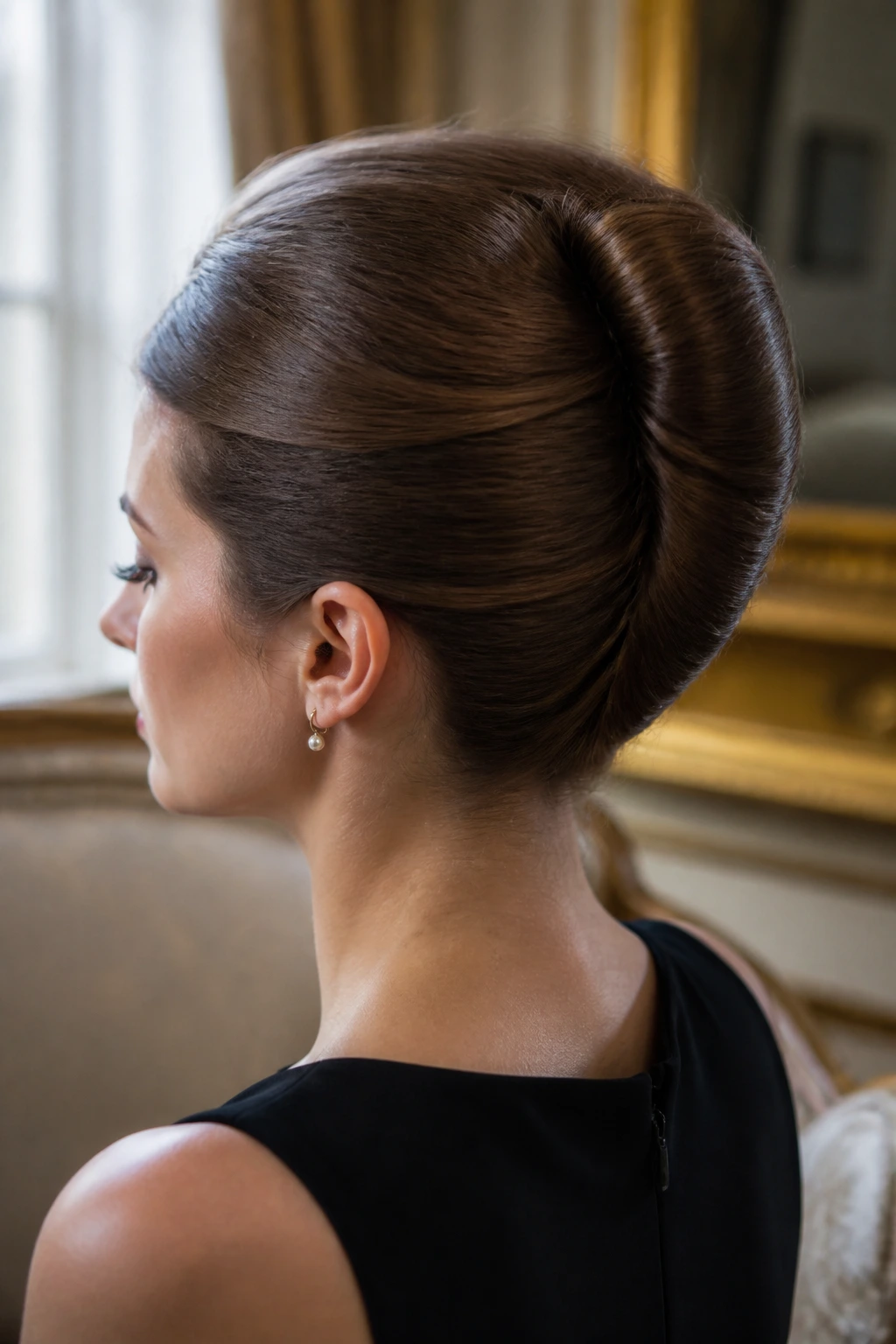 Real woman with a French twist roll along the back of the head