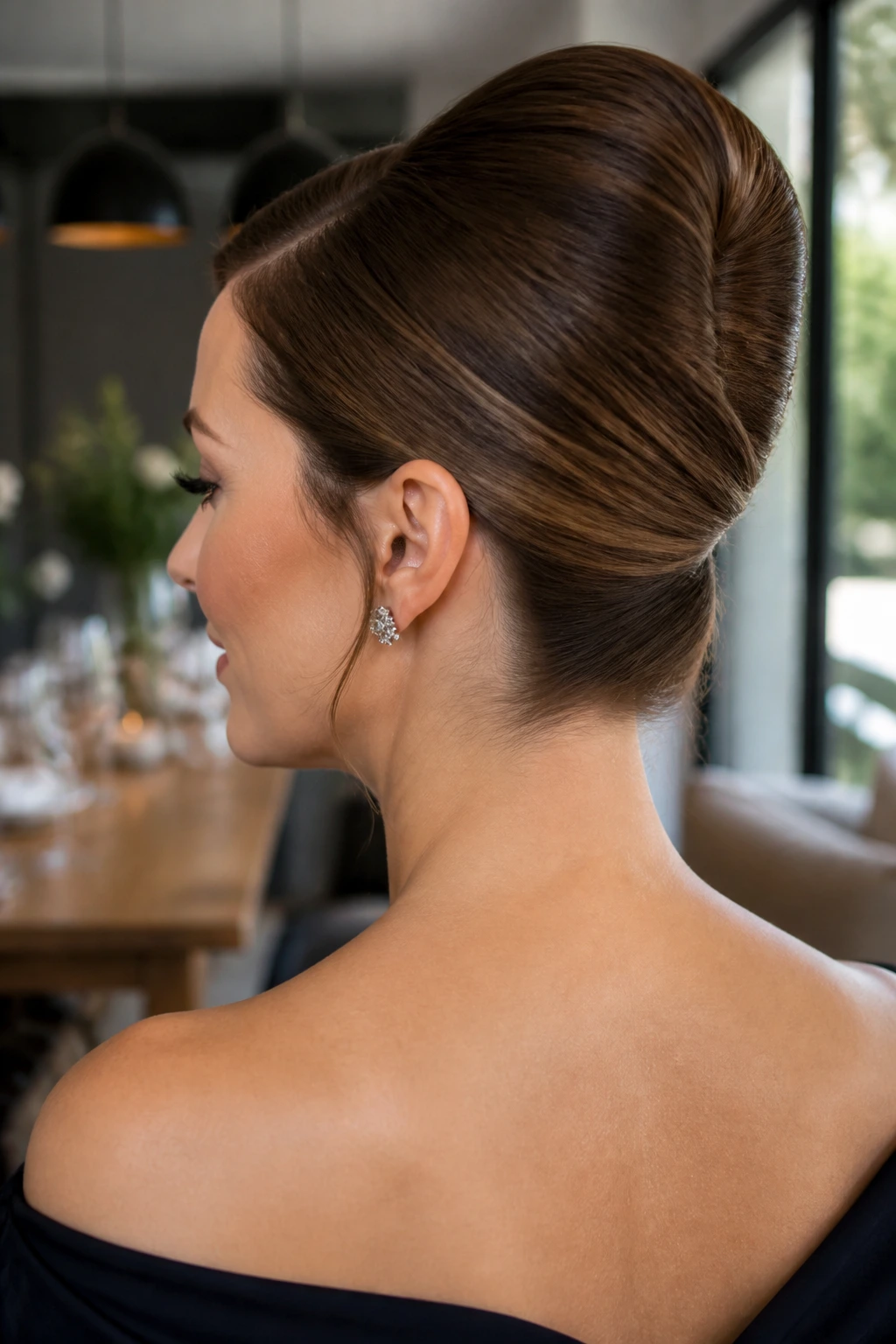 Portrait of a woman with a sleek French twist and side part.