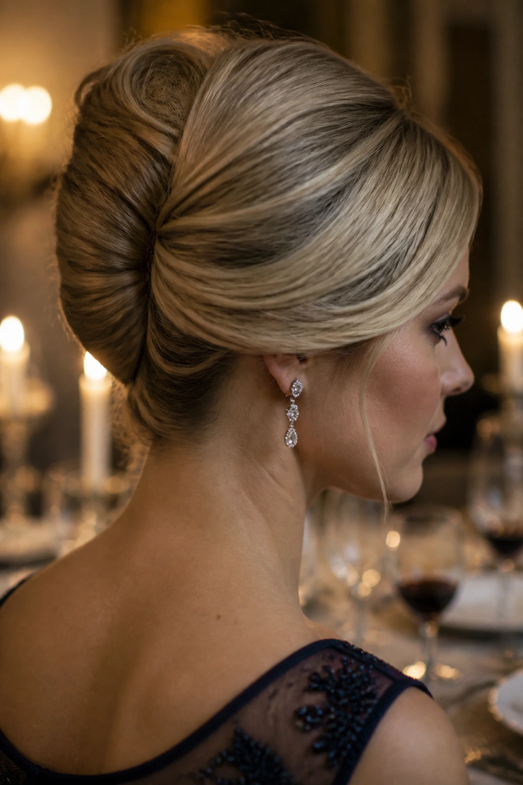 Close-up profile of a real woman with French Twist With Side Sweep