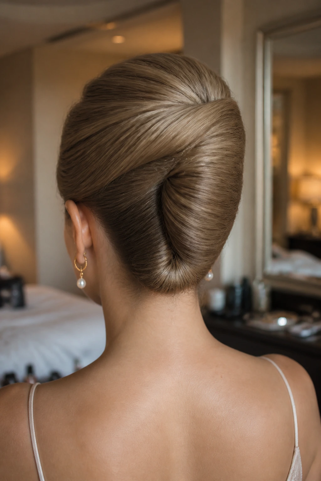 Close-up of a real woman with a sleek French twist at the nape