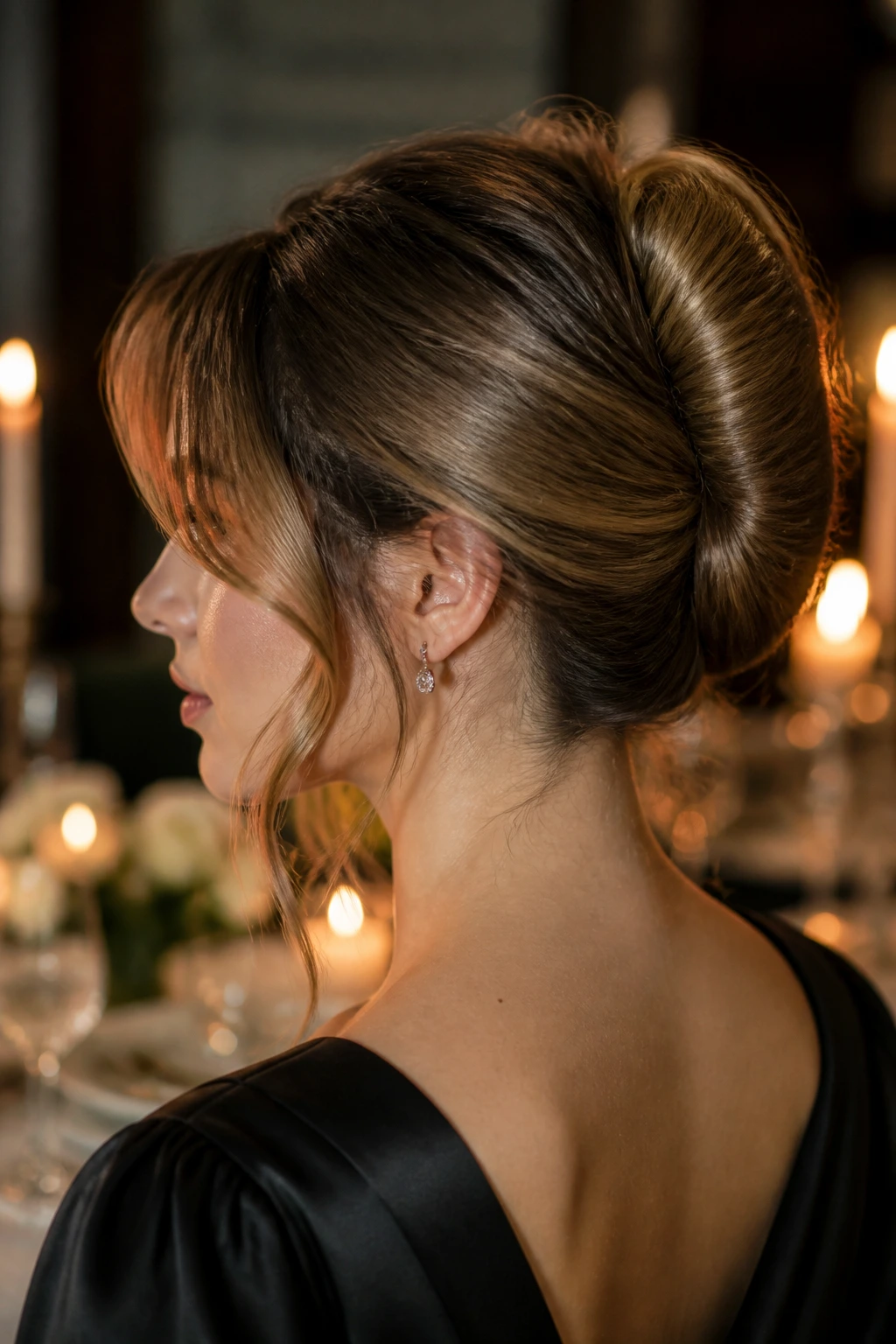 Portrait of a real woman showing a modern soft French twist with loose front sections