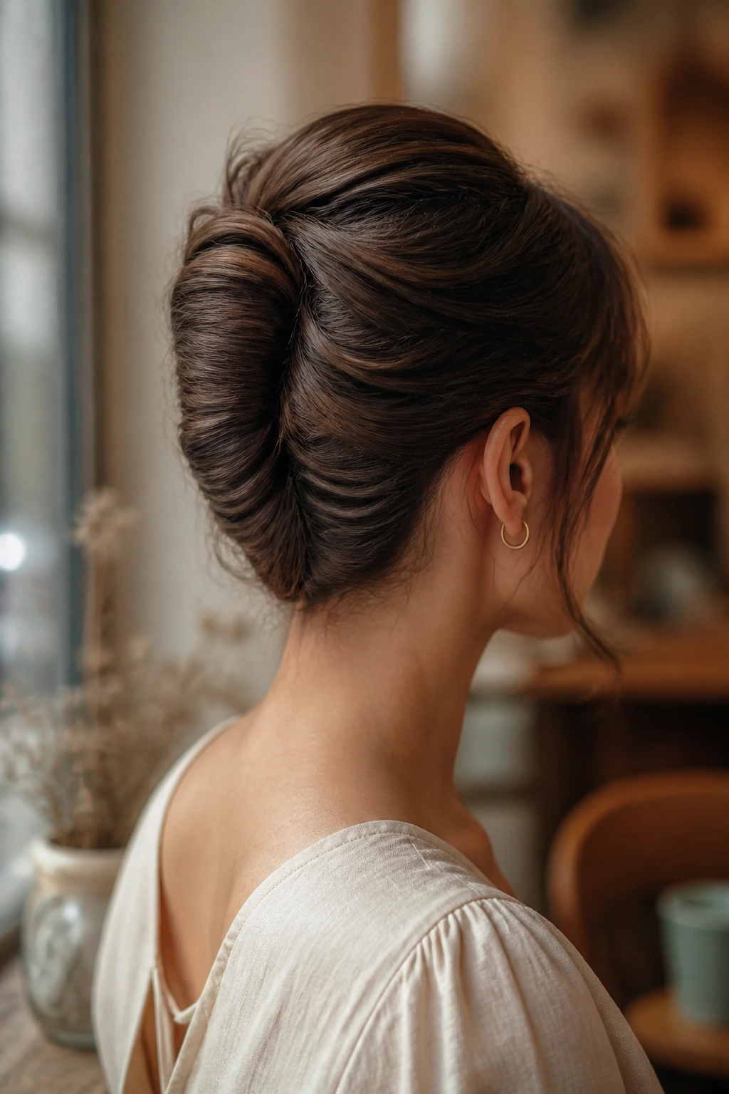 Close-up of a real woman with a French twist and light lift at the crown