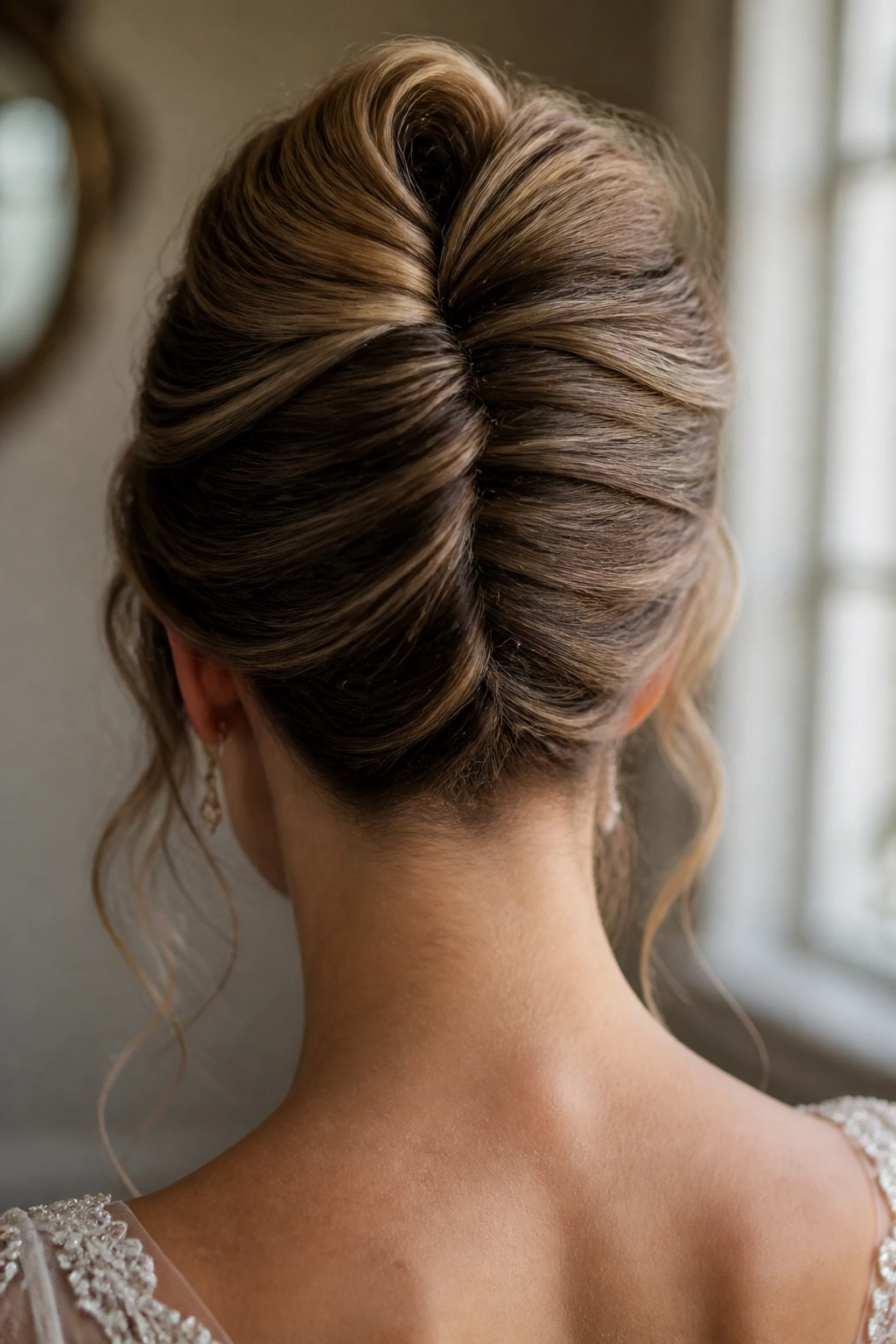 Back view of bride showing French twist with soft roll