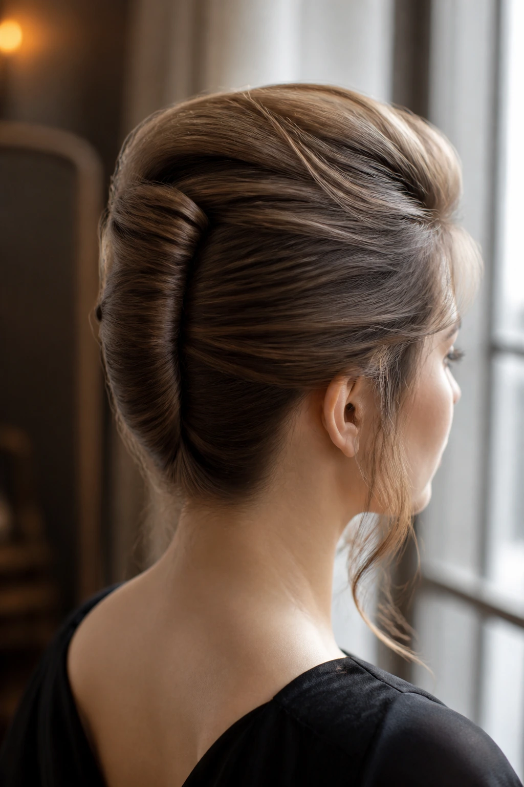 Close-up of a woman with a French twist and soft volume on top