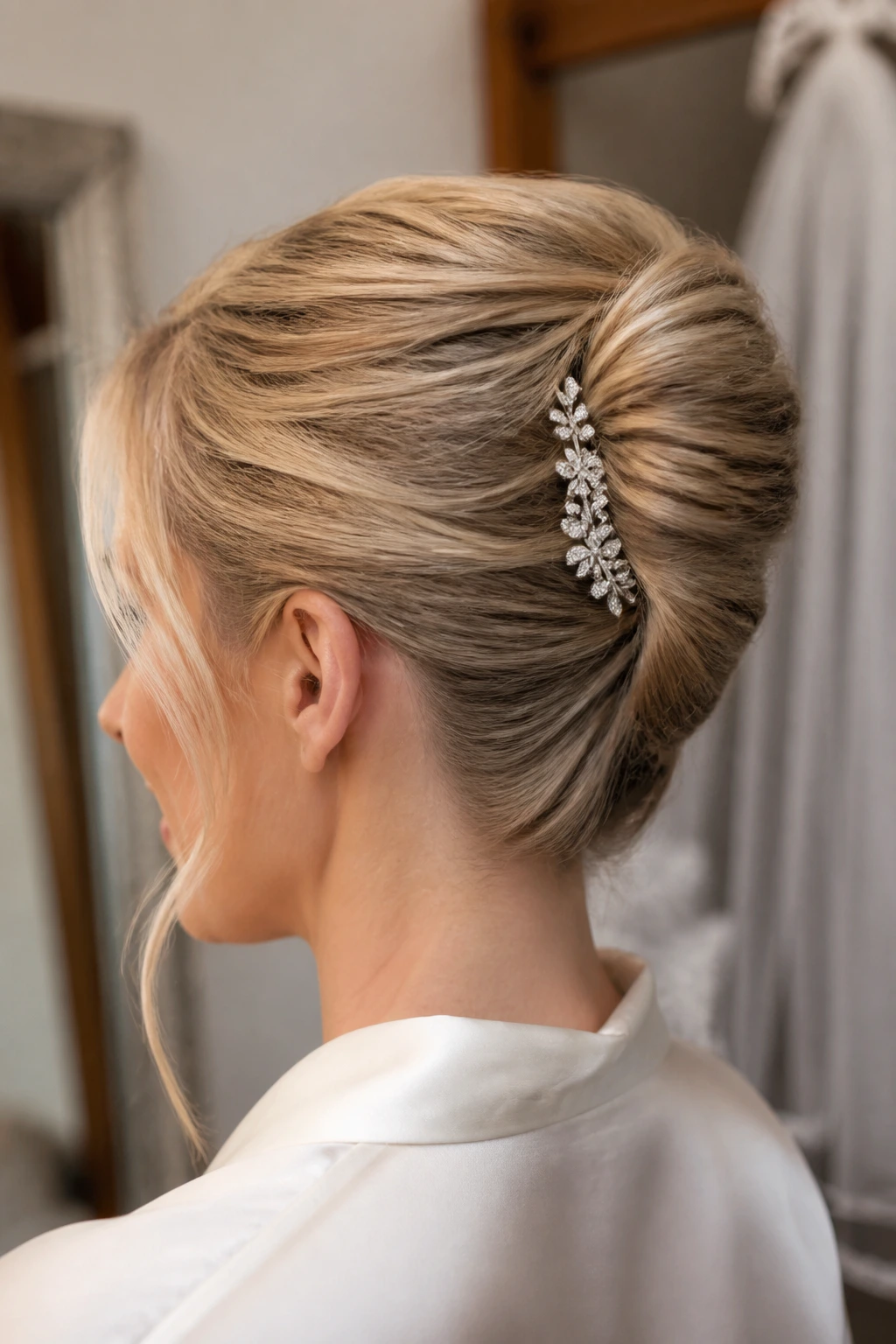 Real bride with French twist and tucked comb portrait