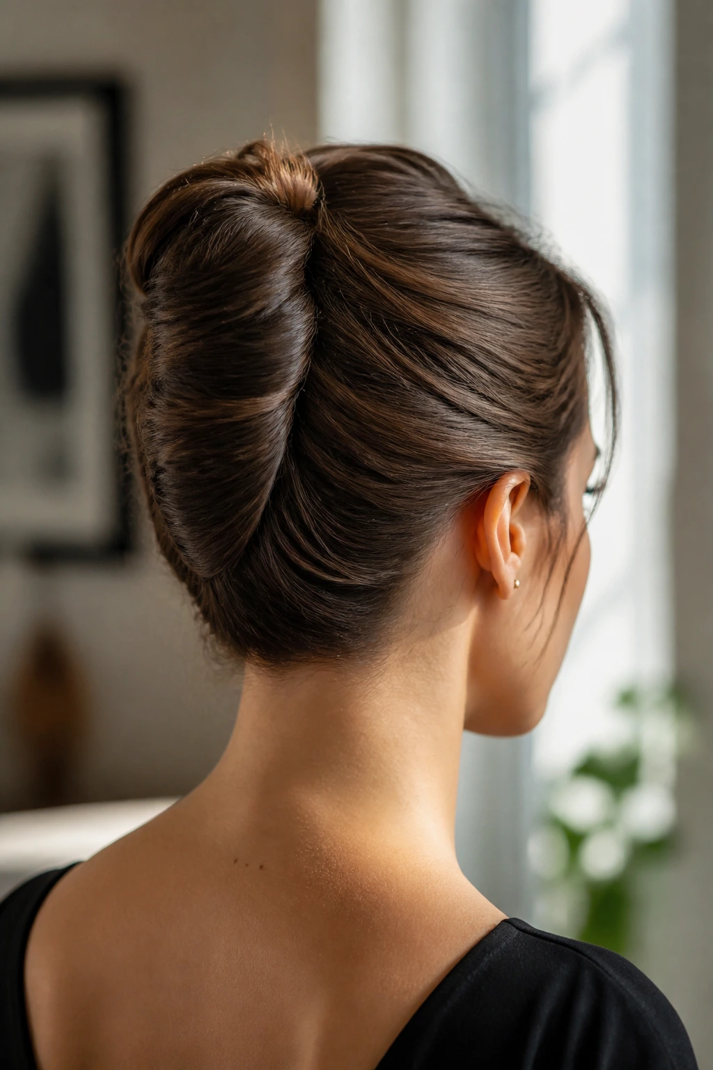 Close-up of a real woman with a polished French twist