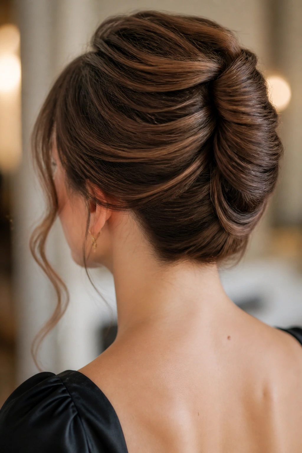Close-up of a French twist with soft ends on a real person