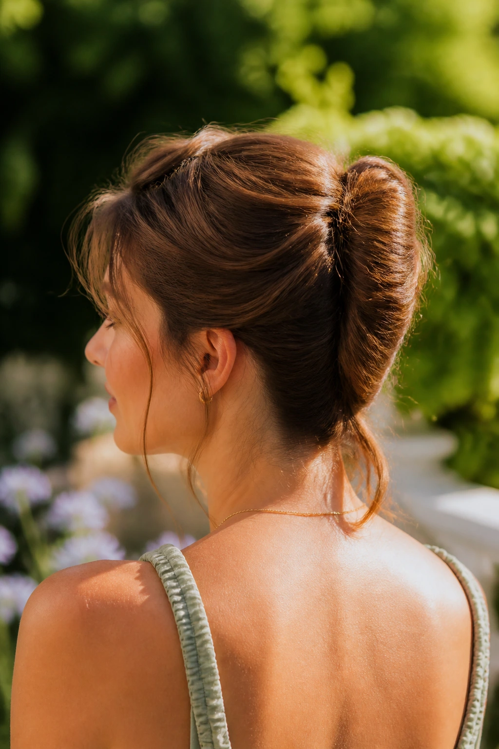 Close-up of a real woman with a loose French twist and soft tail.
