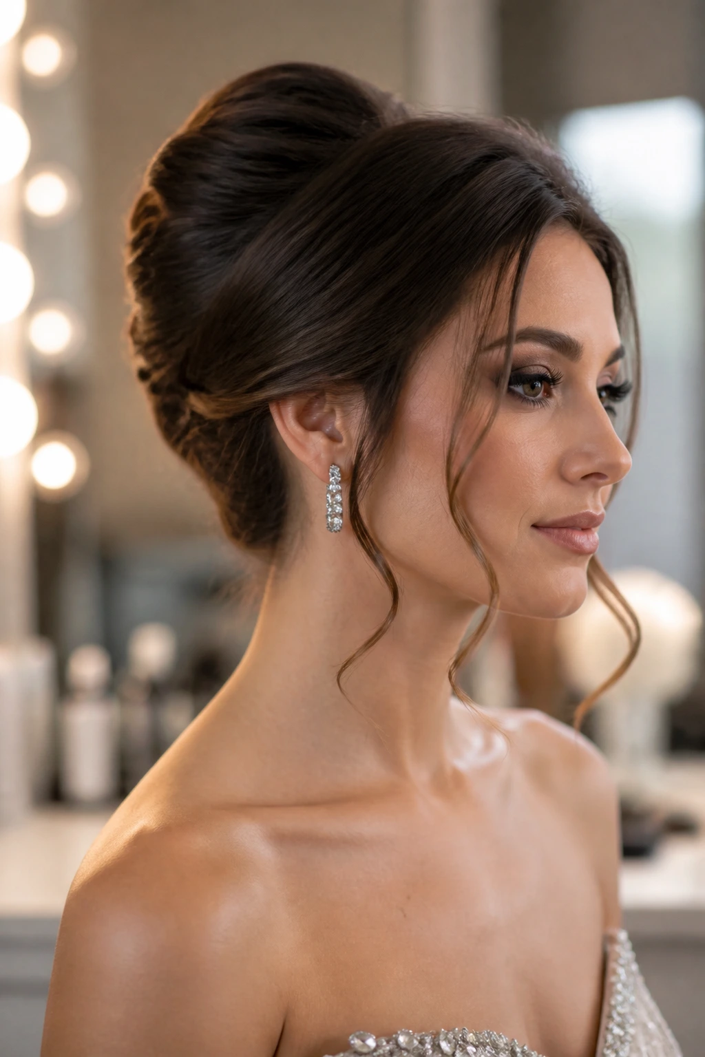 Close-up of a real woman wearing a French twist with face-framing pieces under warm backstage lighting