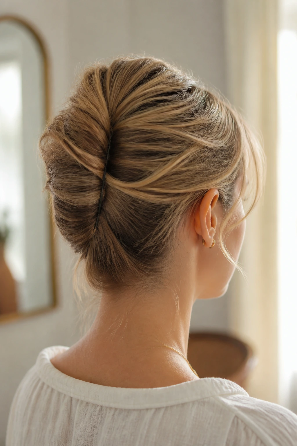 Back view showing a textured French twist on a real person