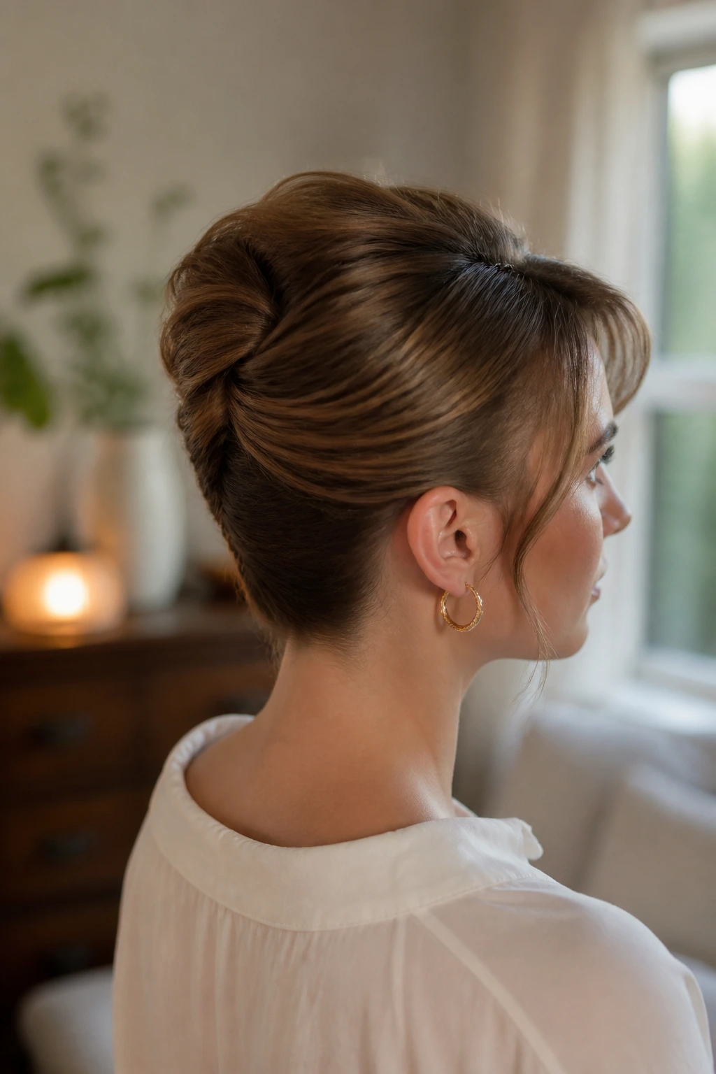 Portrait of a woman showing a French twist with soft volume.