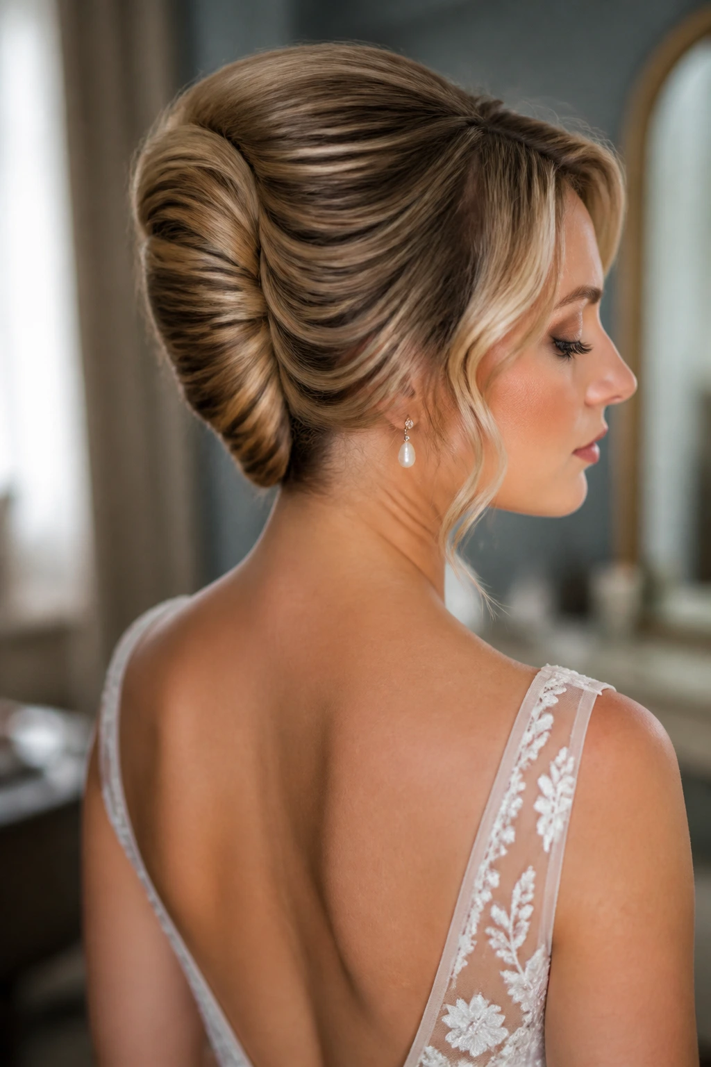 Real bride in Sculpted French Twist With Waves viewed from side/back