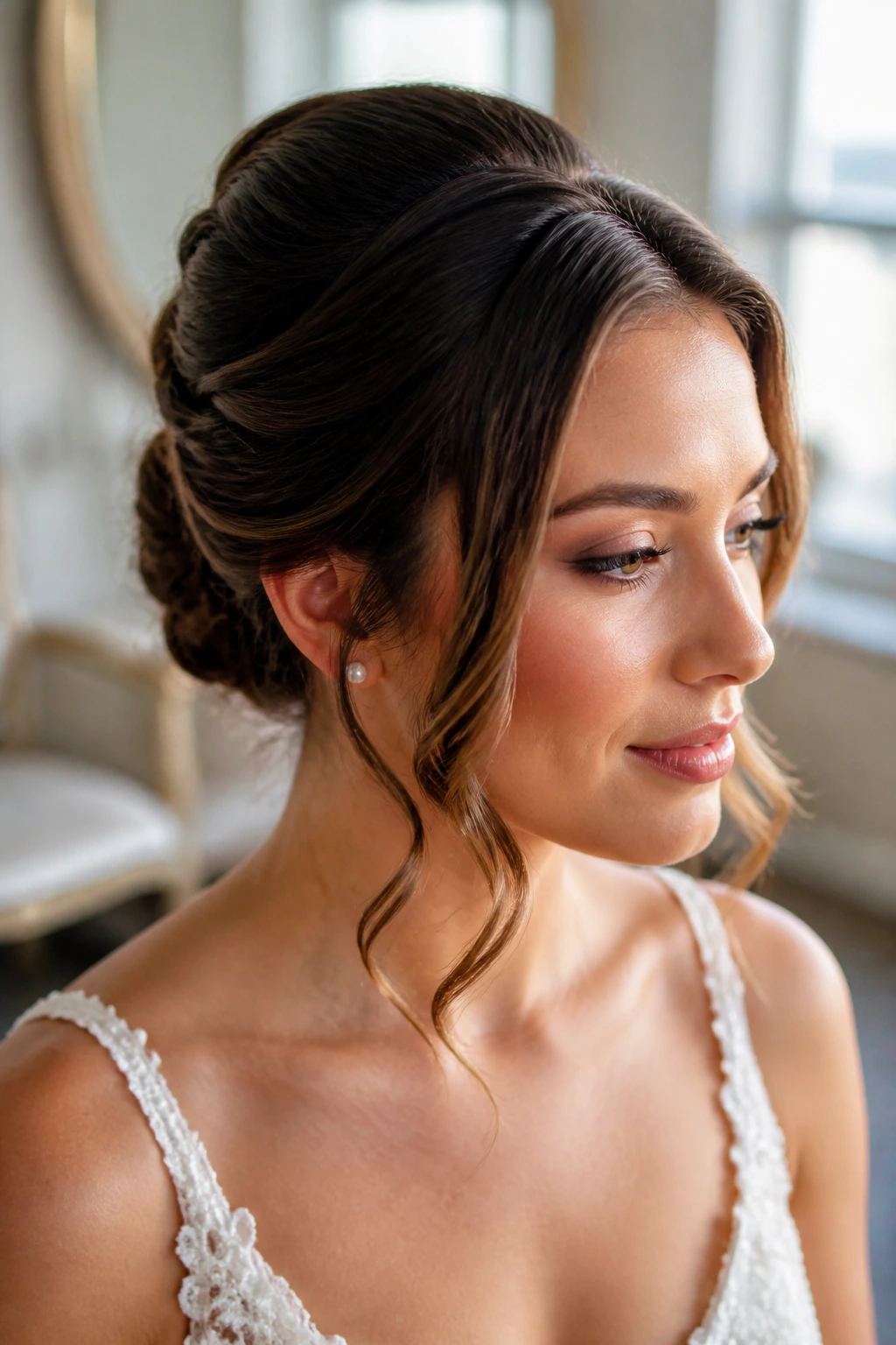 Real bride with soft French twist and face-framing waves