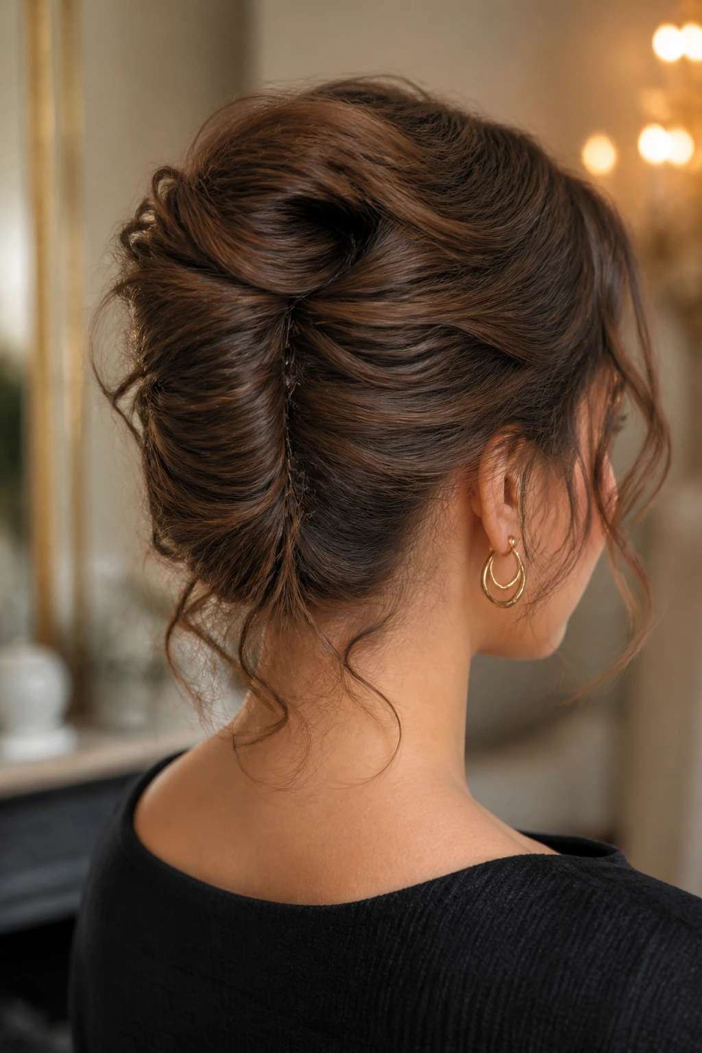 Back view of a real woman with a soft-ended French twist