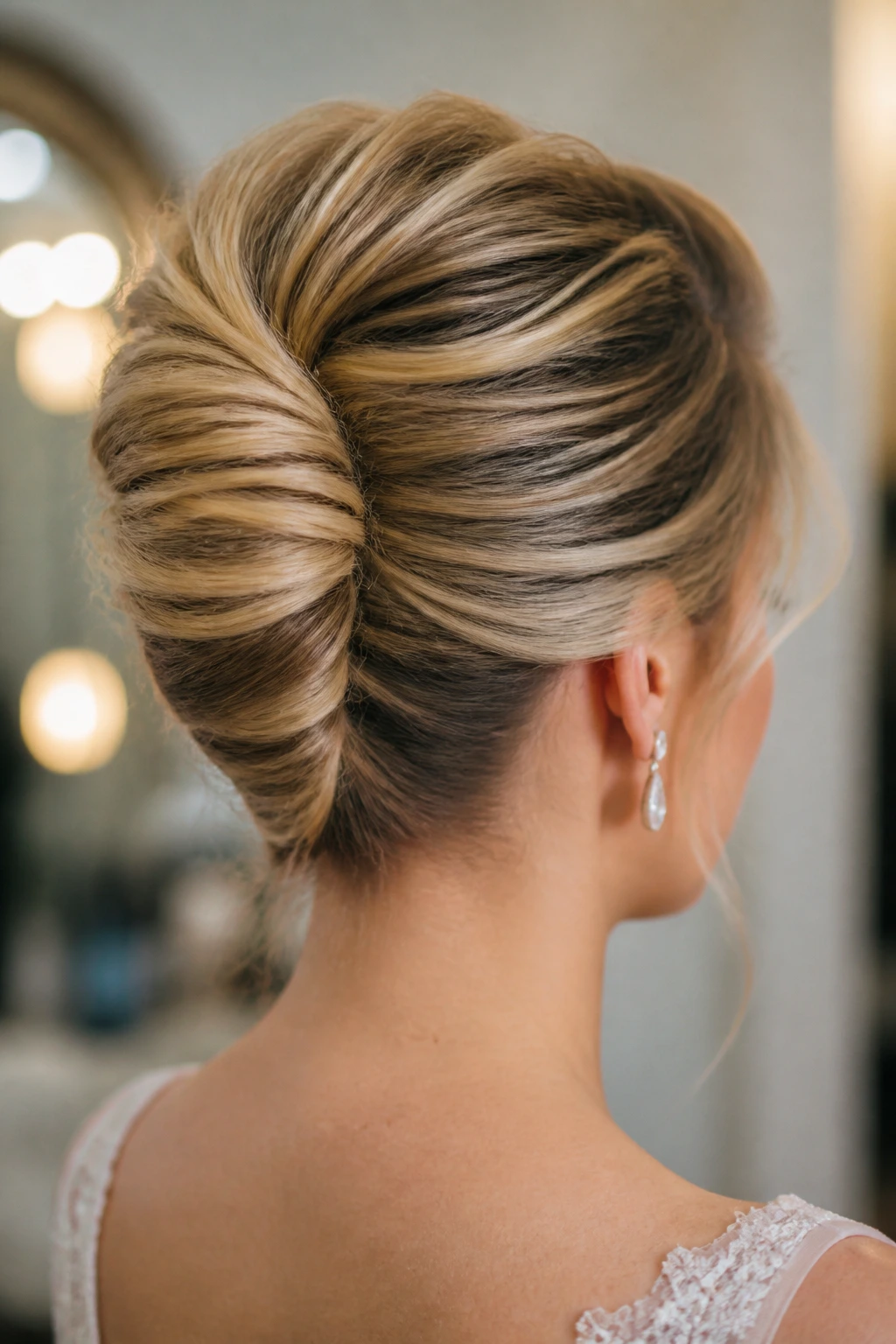 Portrait of a bride with a French twist and crown lift hairstyle
