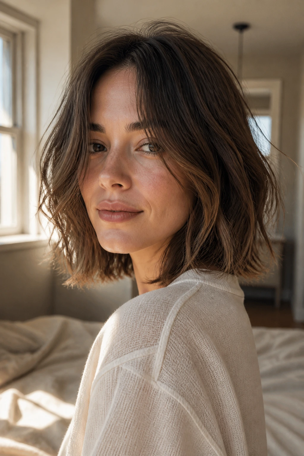 Close-up portrait of a real woman with a French Undone Lob featuring a loose bend and soft crown volume