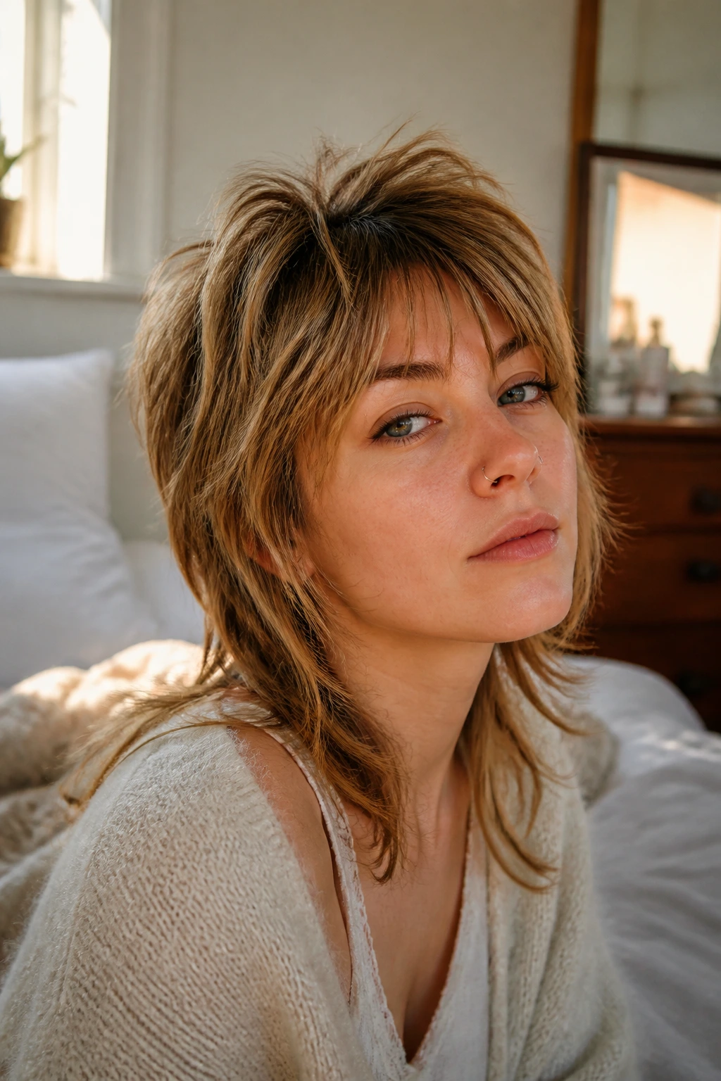 Portrait of a real person with shag mullet in a cozy bedroom setting showing fresh look between trims.