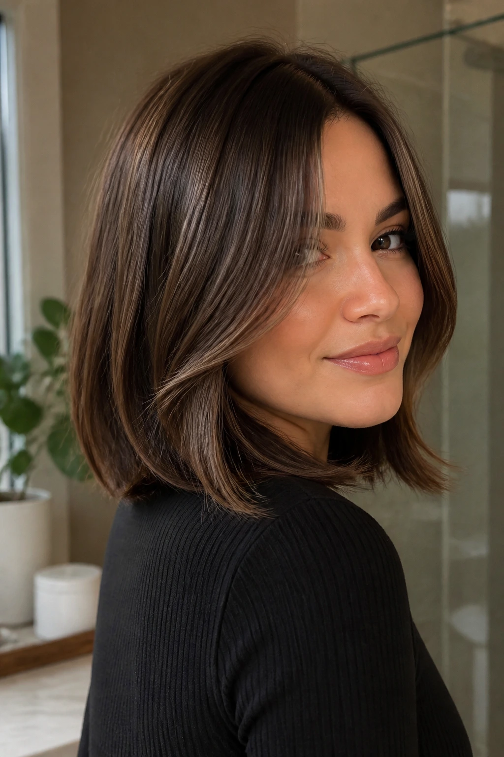 Portrait of brunette lob with fresh color and shine