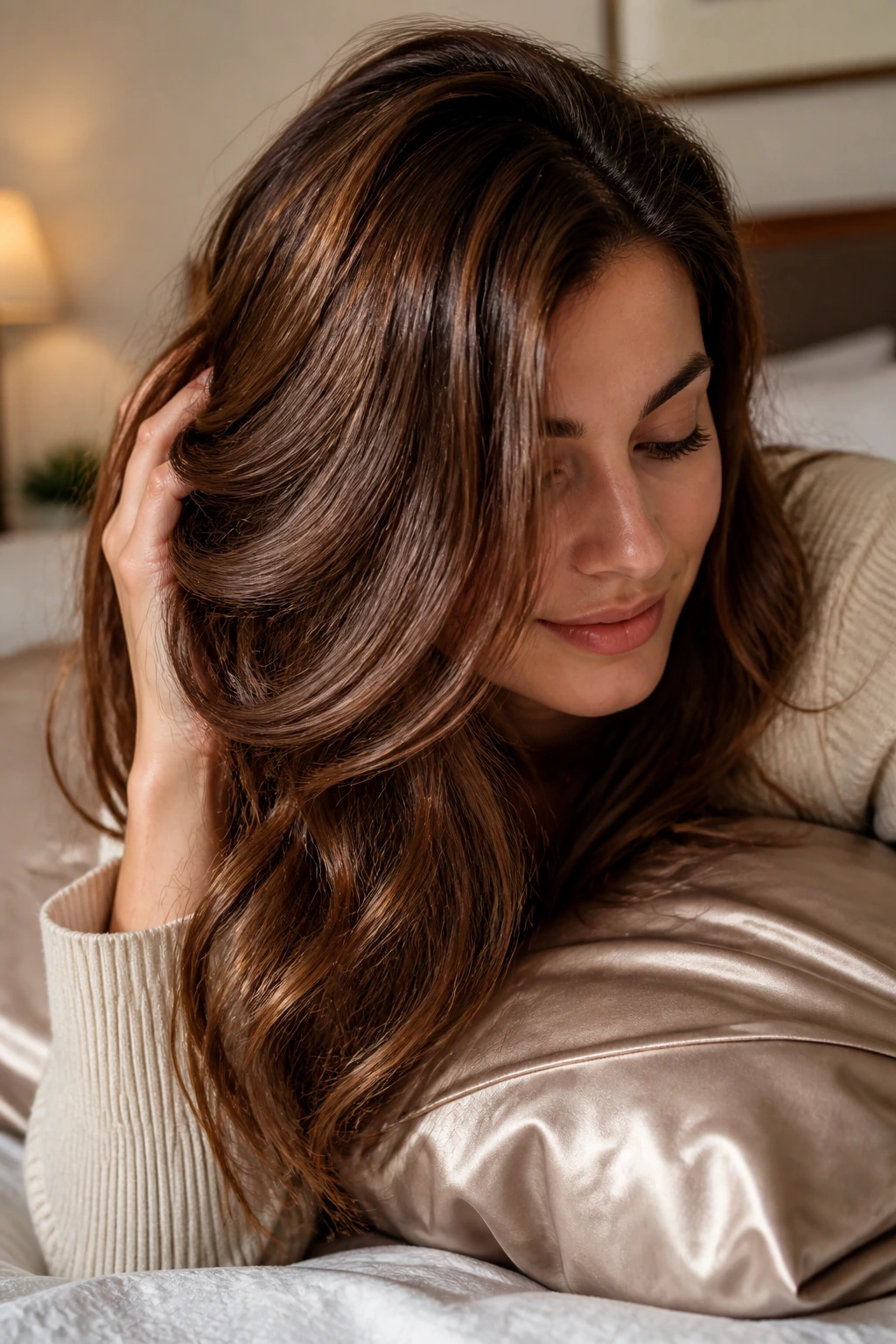 Portrait of a woman with chestnut hair in a sunlit bedroom setting