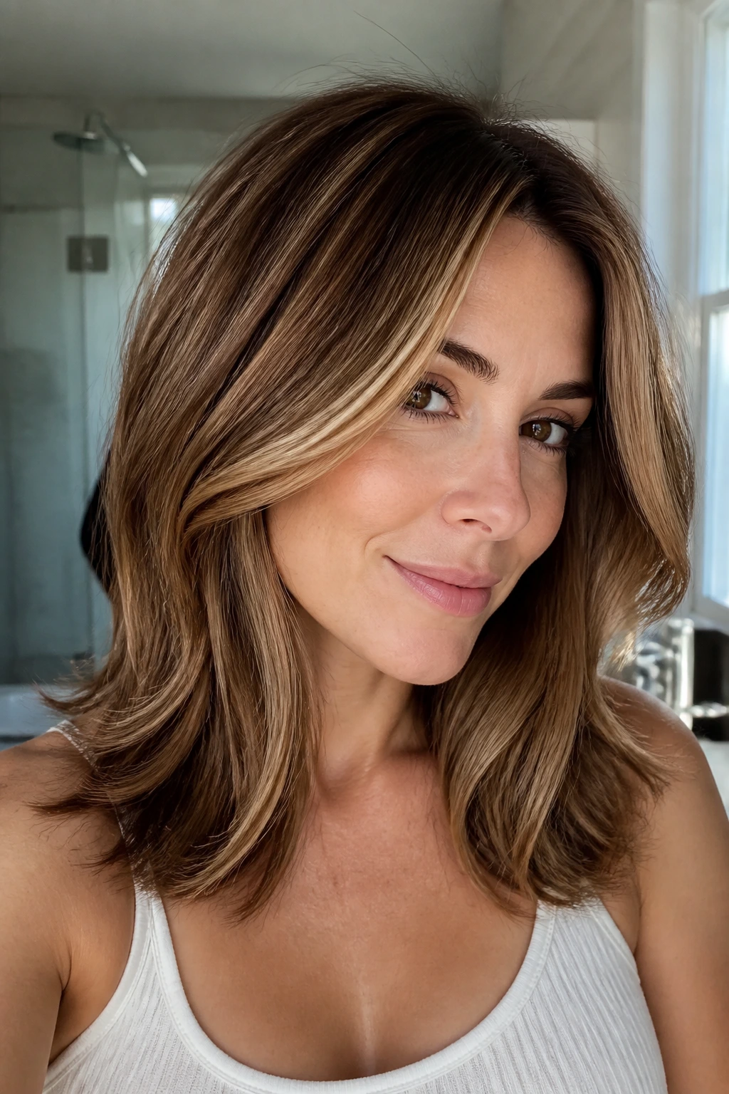 Portrait of a person with fresh color and layered haircut in morning light
