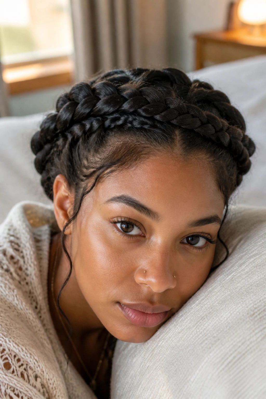 Close-up of a real woman with a fresh crown Dutch braid