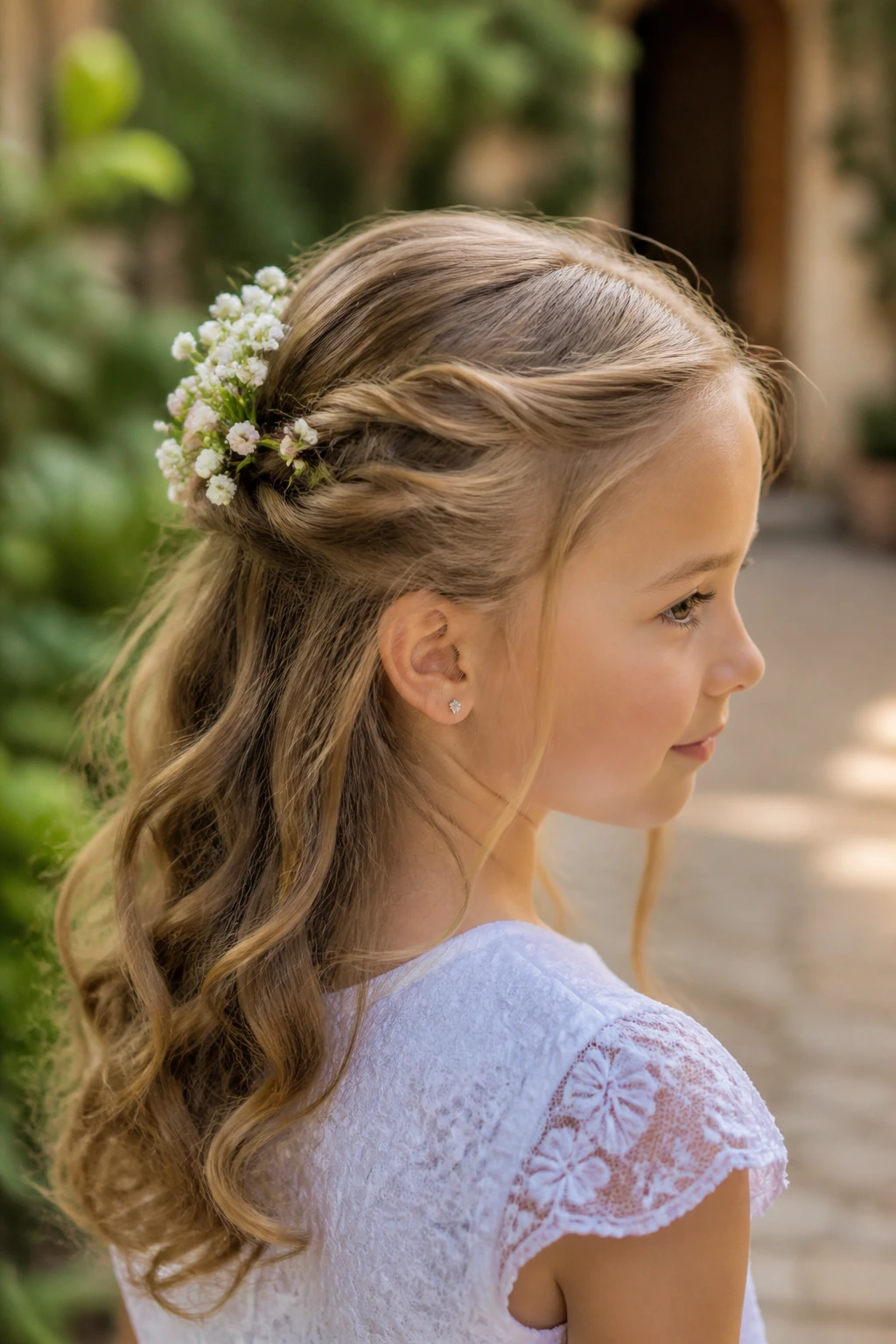 Close-up of a real child with a fresh flower half-up hairstyle in an outdoor garden setting.