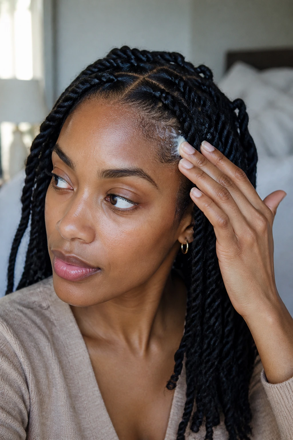 Woman with Havana twists applying mousse to frizzy sections in a bedroom