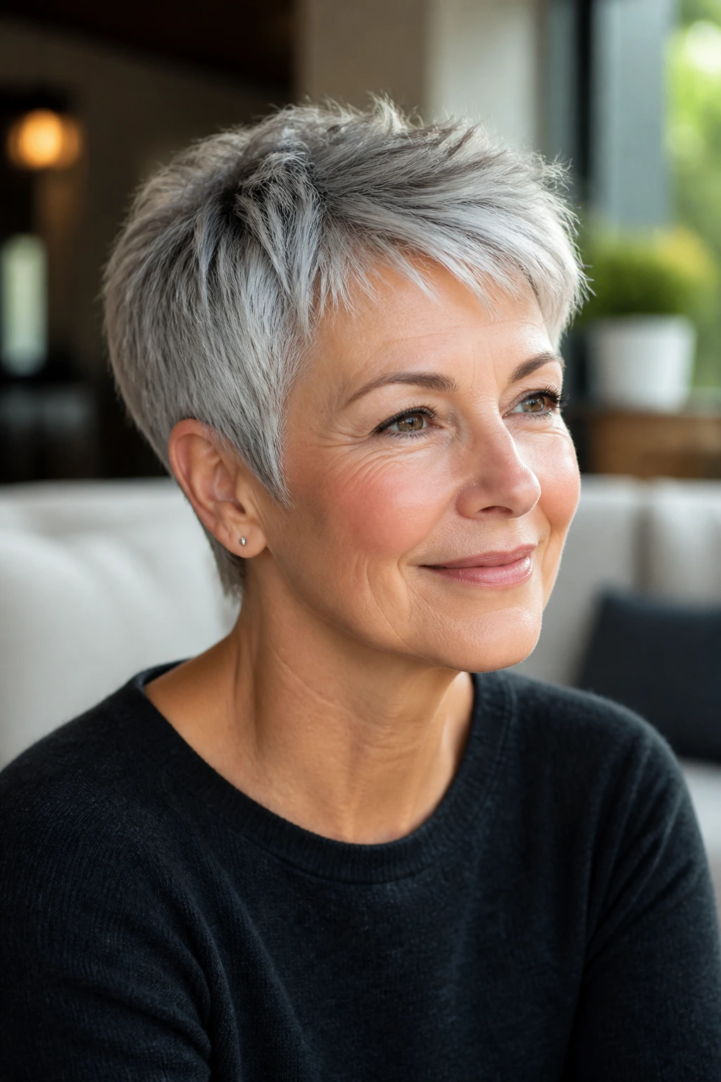 Close-up of a real woman's pixie cut showing crown lift, narrowed nape, and light fringe.